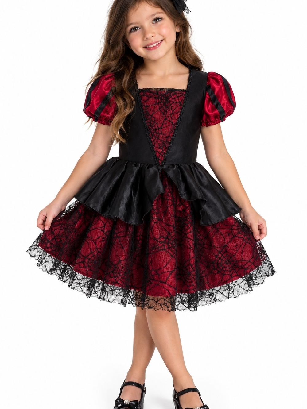 Girls Black and Red Spider Web Halloween Costume Dress,FREE Witch Hat. Size 5/6